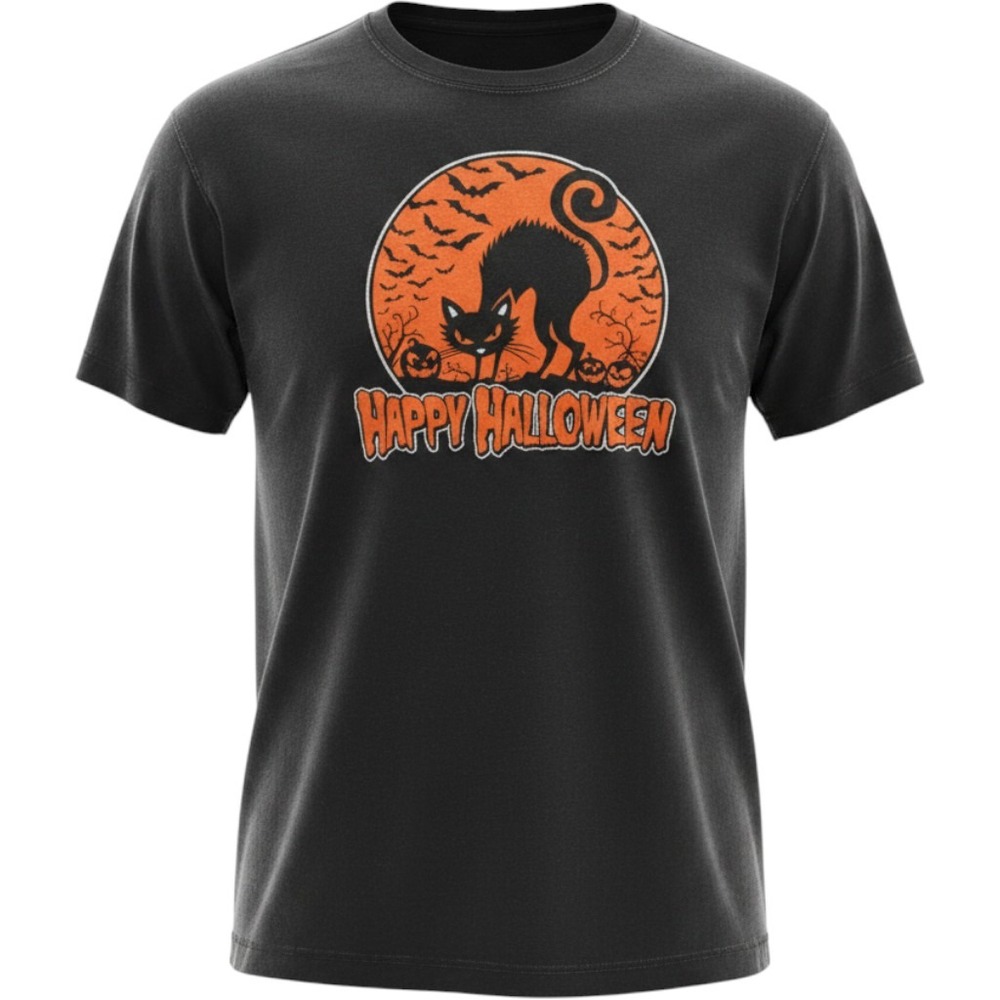 Alstyle Apparel Happy Halloween Black Cat Graphic T-Shirt Mens 2XL Black
